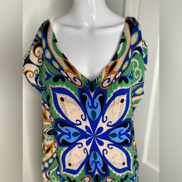 Maeve Blue and Green Mini Sundress V-Neck Resort Wear - Picture 3 of 9